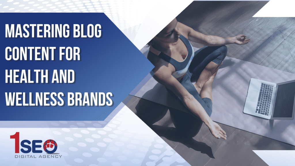 Woman meditating on yoga mat while using laptop, promoting blog content creation for health and wellness brands by 1SEO Digital Agency.