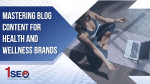Woman meditating on yoga mat while using laptop, promoting blog content creation for health and wellness brands by 1SEO Digital Agency.