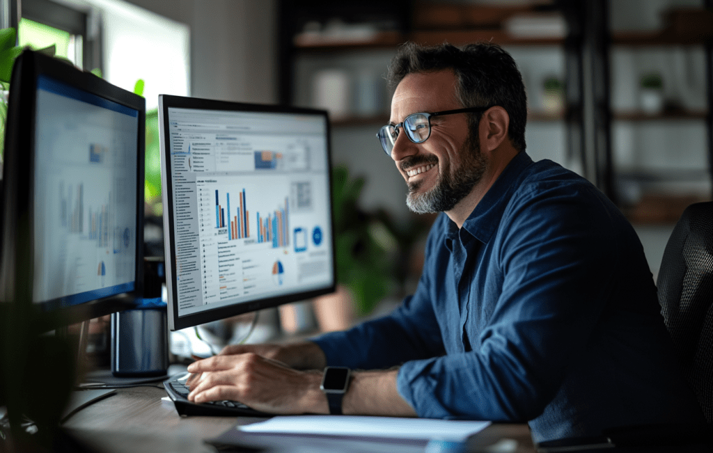 Digital marketing analyst reviewing PPC campaign performance metrics on dual monitors to optimize ROI for professional service firms.