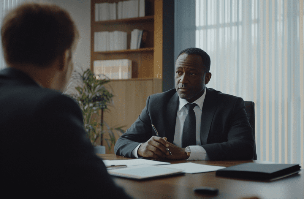 Criminal defense attorney in a client consultation, representing how targeted PPC advertising connects law firms with clients seeking legal services.