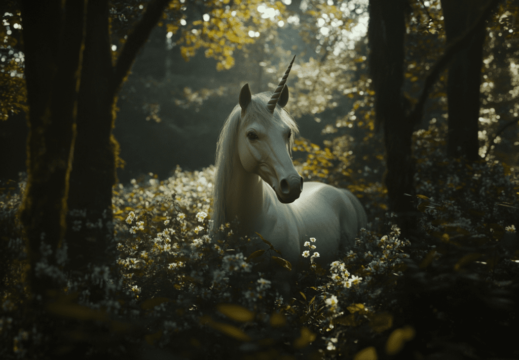 A majestic unicorn standing in a lush forest surrounded by wildflowers, symbolizing unique branding, high-value client acquisition, and luxury marketing strategies for agencies focused on visibility, perception, and brand awareness.