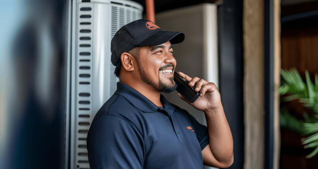 Smiling HVAC technician talking on smartphone next to outdoor AC unit, representing customer service in the home services industry.