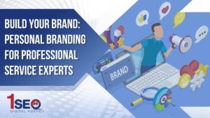 Illustration of personal branding concept for consultants and professional service experts with digital marketing icons, brand messaging, social media engagement, and 1SEO Digital Agency logo.