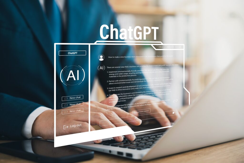 Person in business attire using ChatGPT AI interface on a laptop, representing artificial intelligence, machine learning, and automation in digital marketing strategy, with a focus on AI-powered tools for Google Ads and search campaigns.