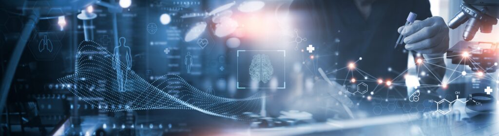 Biotechnology researcher using AI tools in laboratory—depicting data analytics, artificial intelligence in healthcare, clinical trial visualization, and data management in pharmaceutical web development.