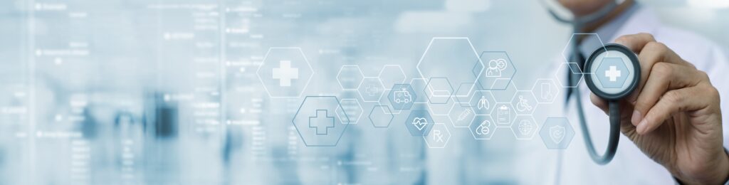 Stethoscope and digital healthcare interface displaying medical icons—visualizing cloud computing, wearable technology, telemedicine, and secure access control in healthcare web design systems.