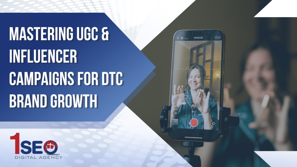 Smartphone filming influencer creating user-generated content for ecommerce brand campaign, promoting UGC marketing, brand awareness, and digital strategy with 1SEO Digital Agency branding.