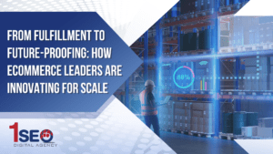 Warehouse worker using predictive analytics and automation in a smart fulfillment center, representing ecommerce innovation, inventory management, supply chain optimization, and scalable order fulfillment solutions, featured by 1SEO Digital Agency.
