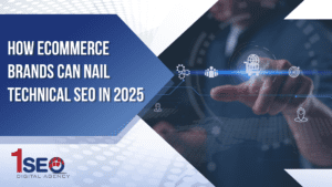 How ecommerce brands can nail technical SEO in 2025 — 1SEO Digital Agency graphic showing online shopping, user experience, and digital marketing icons to highlight ecommerce SEO strategies, brand visibility, and conversion optimization.