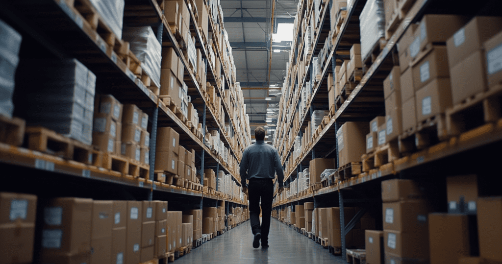Ecommerce business owner inspecting inventory in a high-capacity fulfillment warehouse, emphasizing ecommerce fulfillment trends, scalability, supply chain management, and operational efficiency in digital commerce.