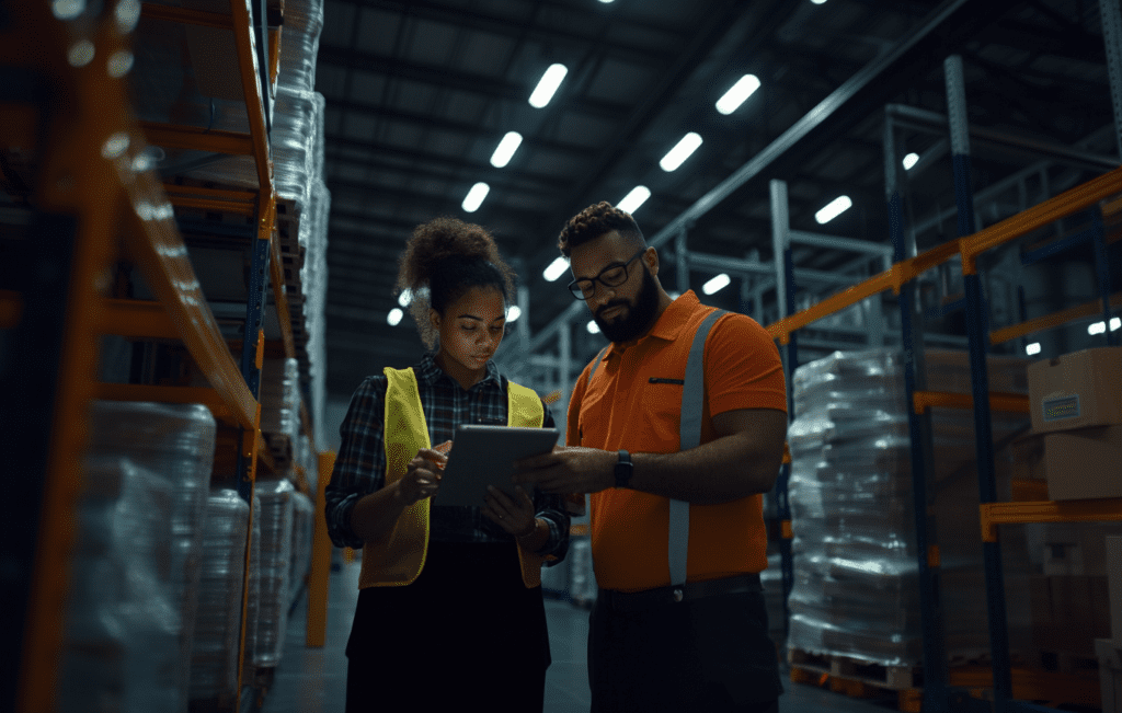 Two fulfillment specialists analyzing data on a digital tablet in a warehouse, showcasing ecommerce operations, warehouse management, customer experience optimization, and teamwork in omnichannel fulfillment strategies.
