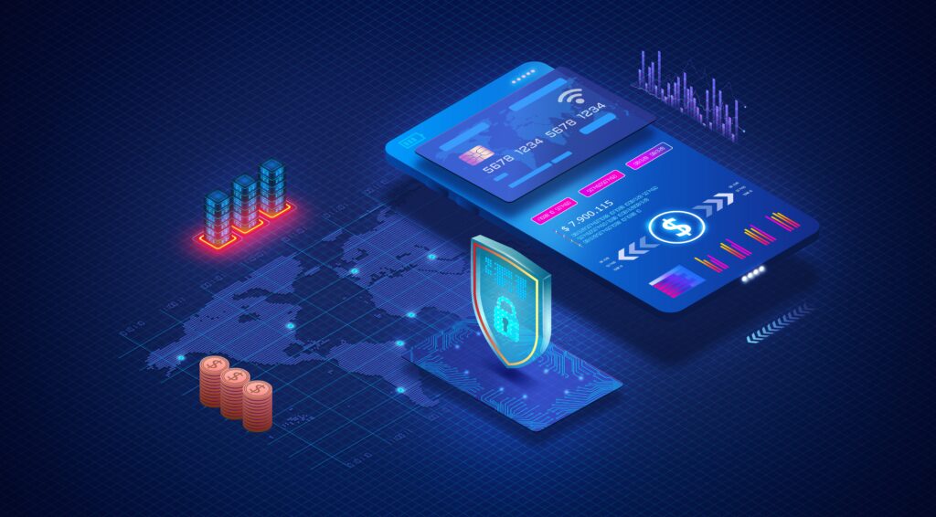 3D digital illustration showing secure mobile payment processing with credit card interface, data encryption shield, and global ecommerce infrastructure. Highlights payment gateway technology, PCI DSS compliance, data protection, information security, and fintech innovations for enterprise ecommerce solutions.