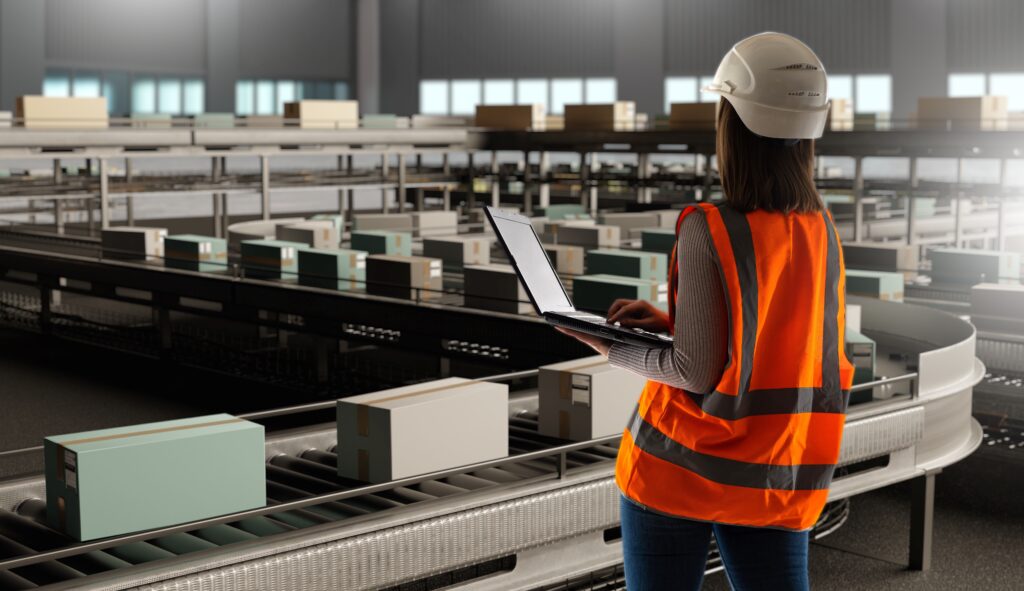 Female logistics manager monitoring ecommerce package flow with a laptop in an automated warehouse, illustrating predictive analytics, order fulfillment technology, ecommerce logistics, and customer satisfaction through advanced infrastructure.