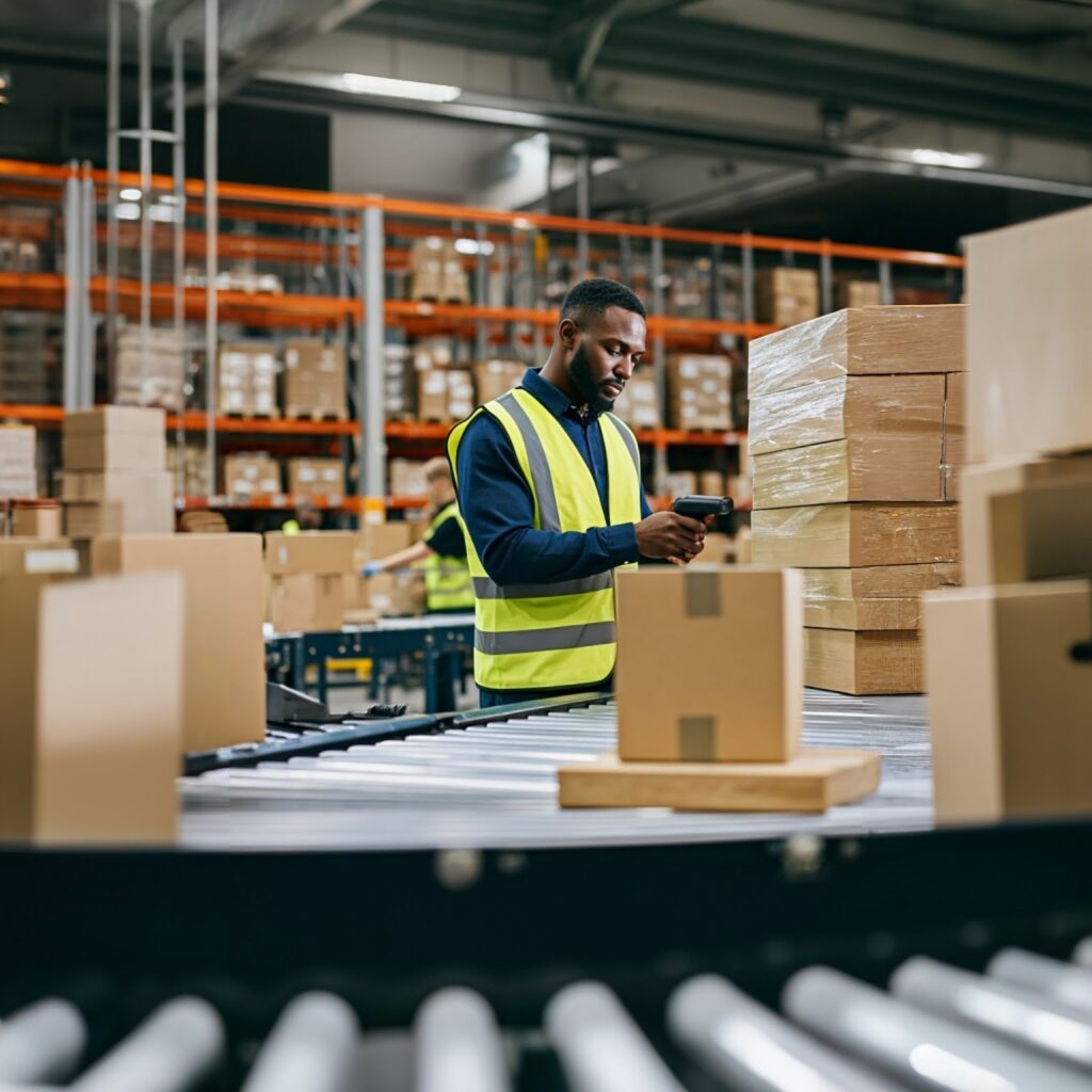 Warehouse worker scanning packages on a conveyor belt in a modern fulfillment center, representing ecommerce order fulfillment, inventory management, logistics, and supply chain efficiency for scalable online businesses.
