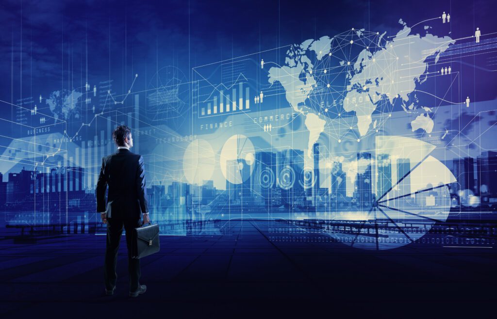 Business professional analyzing global ecommerce data, digital marketing trends, and omnichannel commerce analytics for enterprise customer engagement and market expansion.