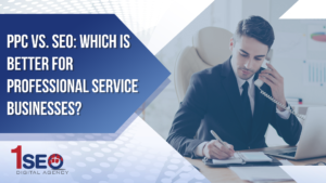Marketing professional in business attire discussing SEO and PPC strategy on phone at desk, highlighting digital marketing solutions for law firms, consultants, and professional service businesses – 1SEO Digital Agency