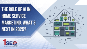 Illustration of a smart home filled with connected devices like routers, light bulbs, refrigerators, mobile phones, and televisions, representing AI integration in home service industries such as HVAC, plumbing, electrical, pest control, and home remodeling; accompanied by the text "The Role of AI in Home Service Marketing: What’s Next in 2025?" and the 1SEO Digital Agency logo—highlighting concepts like broadband, smart technology, mobile app usage, and digital marketing innovation.