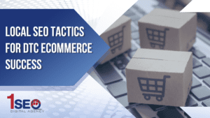 Local SEO tactics for DTC ecommerce success visual with shopping cart boxes on a laptop keyboard, representing digital marketing, online shopping, and ecommerce SEO strategies by 1SEO Digital Agency.