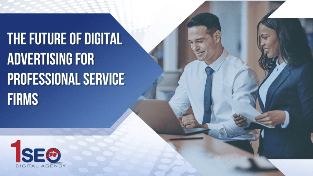 Marketing professionals discussing digital advertising strategies for professional service firms, with 1SEO Digital Agency branding and focus on lead generation, SEO, and online advertising.