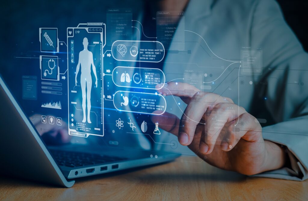 Doctor interacting with AI-powered medical software on laptop for clinical decision support, medical history analysis, and personalized medicine in healthcare.