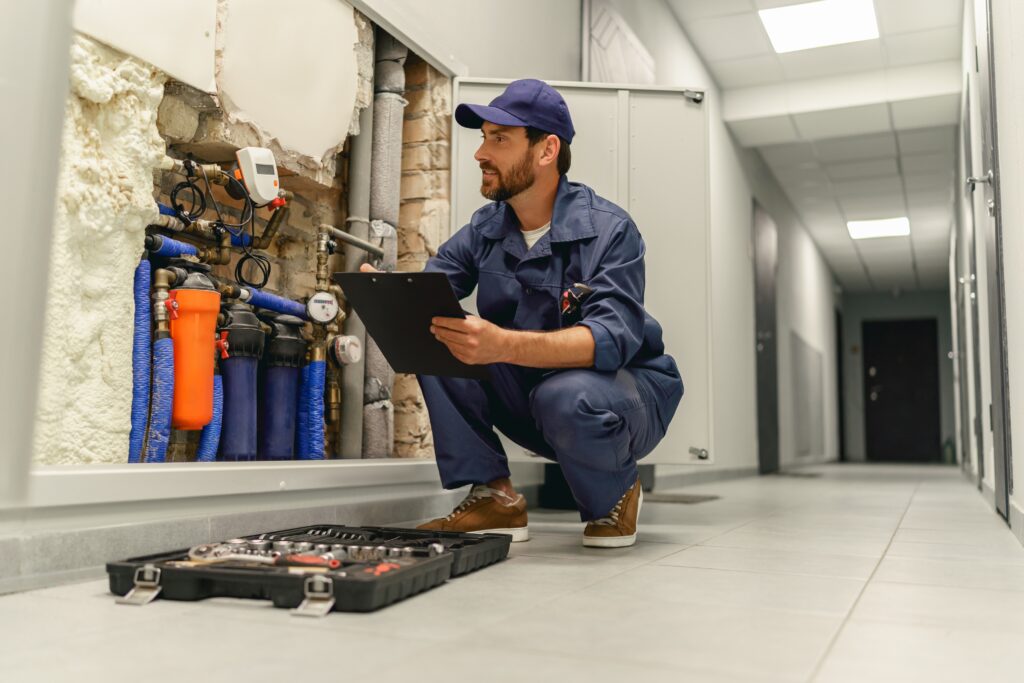 Skilled plumber performing a detailed inspection of a residential water filtration and plumbing system, highlighting the value of lead generation and search engine optimization for plumbing businesses.