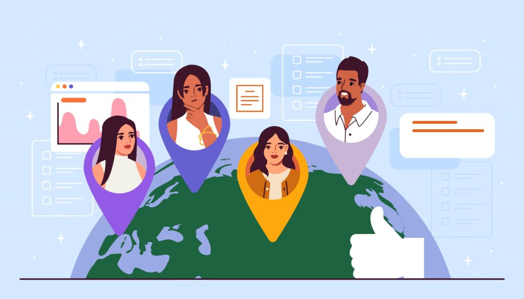 Illustration of diverse consumers marked by location pins on a global map, representing localized customer data, target audience segmentation, and regional marketing for DTC ecommerce.