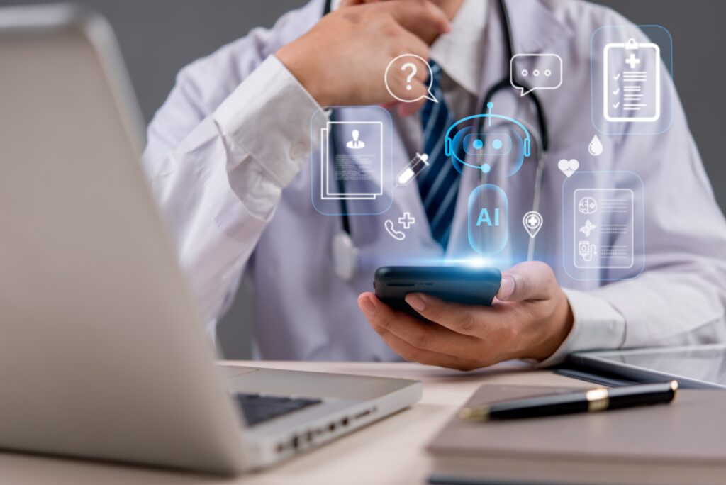 Smiling physician using tablet for patient data analysis and engagement powered by artificial intelligence and healthcare chatbot technology in a modern health system.