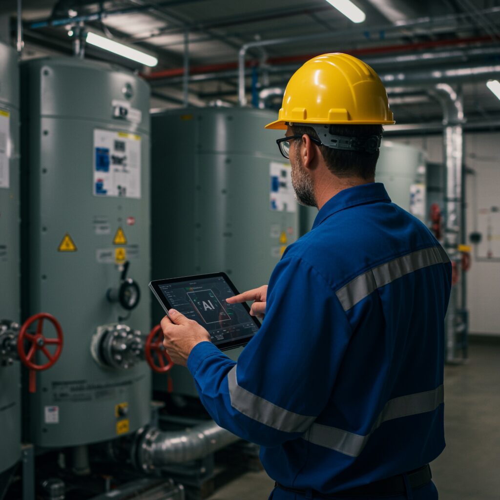 Industrial technician wearing a yellow hard hat and using a tablet with an AI dashboard in a boiler or HVAC system room—demonstrating AI-powered diagnostics, home internet integration, data processing, and predictive maintenance tools used by HVAC, plumbing, and electrical professionals in smart home service applications.