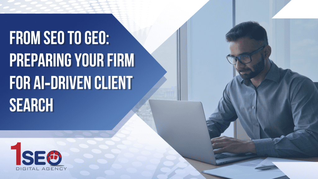 Digital marketing expert working on a laptop at a high-rise office, researching AI-driven geotargeting strategies for professional services firms, with the blog title “From SEO to GEO: Preparing Your Firm for AI-Driven Client Search” displayed—representing legal marketing, SEO, GEO marketing, audience targeting, and search engine optimization for law firms and consultants.