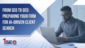 Digital marketing expert working on a laptop at a high-rise office, researching AI-driven geotargeting strategies for professional services firms, with the blog title “From SEO to GEO: Preparing Your Firm for AI-Driven Client Search” displayed—representing legal marketing, SEO, GEO marketing, audience targeting, and search engine optimization for law firms and consultants.