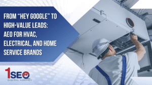 HVAC technician performing air conditioning maintenance as part of voice search optimization and Answer Engine Optimization strategy for home service companies by 1SEO Digital Agency
