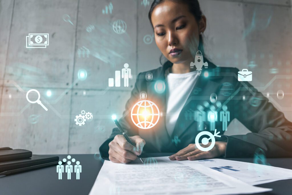 Female legal consultant working on a contract surrounded by virtual icons representing data analytics, AI, lead generation, geotargeting, and digital marketing technology—emphasizing legal tech, automation, and audience segmentation.