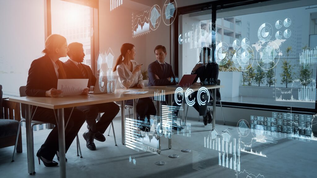 Team of professional services consultants reviewing analytics and marketing strategy data overlays, illustrating AI overviews, digital marketing insights, and SEO optimization for law firms, accountants, and tech companies.