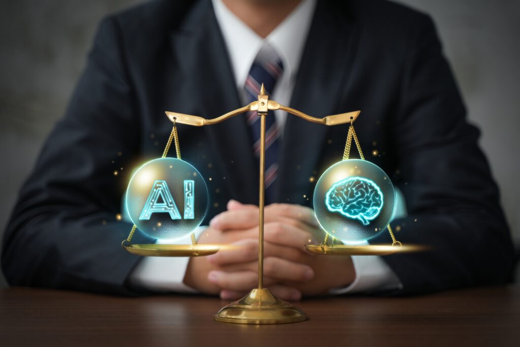 Professional services attorney balancing artificial intelligence and human expertise on scales, symbolizing AI search results, generative artificial intelligence, and strategic decision-making in law and consulting.