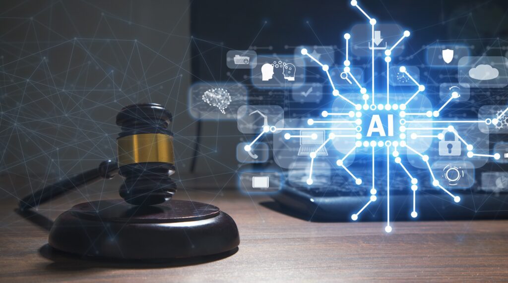 Gavel representing law and legal services with AI-powered technology icons, symbolizing artificial intelligence for lawyers, legal research, contract review, and secure document management systems.
