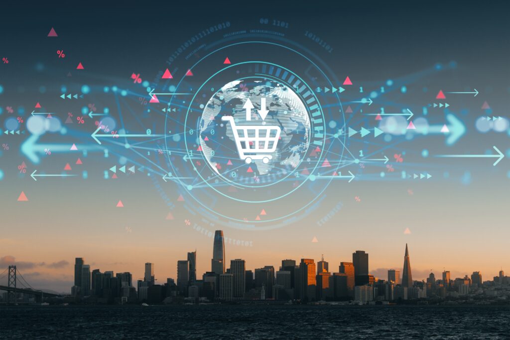 Futuristic ecommerce visualization with a digital shopping cart over a city skyline, representing global online shopping trends, digital marketing, schema markup, and structured data for search engine optimization in 2025